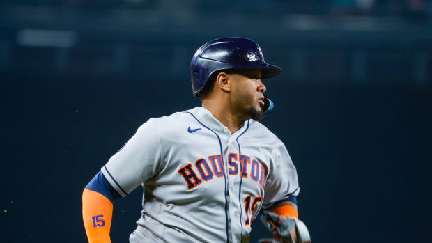 Sep 25, 2023; Seattle, Washington, USA; Houston Astros catcher Martin Maldonado (15) advances home to score a run against the Seattle Mariners during the second inning at T-Mobile Park. Mandatory Credit: Joe Nicholson-USA TODAY Sports